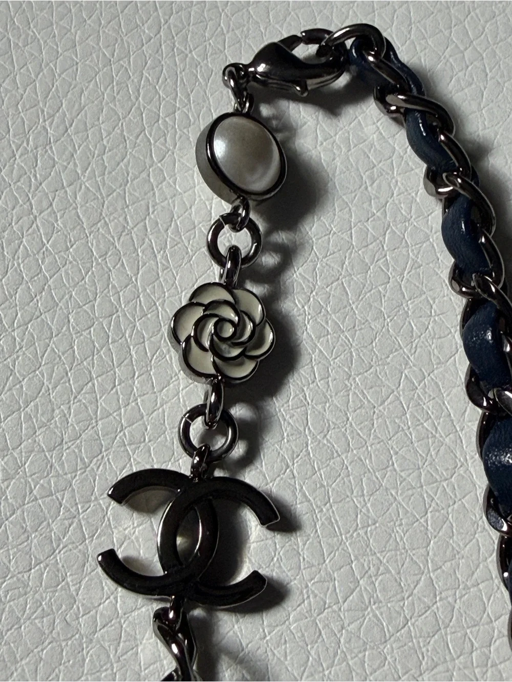 CHANEL Navy Chain Necklace/Belt with Interwoven Leather and SilverCharm Accents